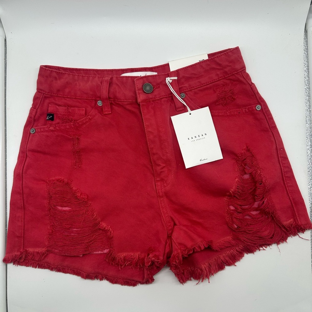 KanCan Red Distressed Jean Shorts High-Waisted